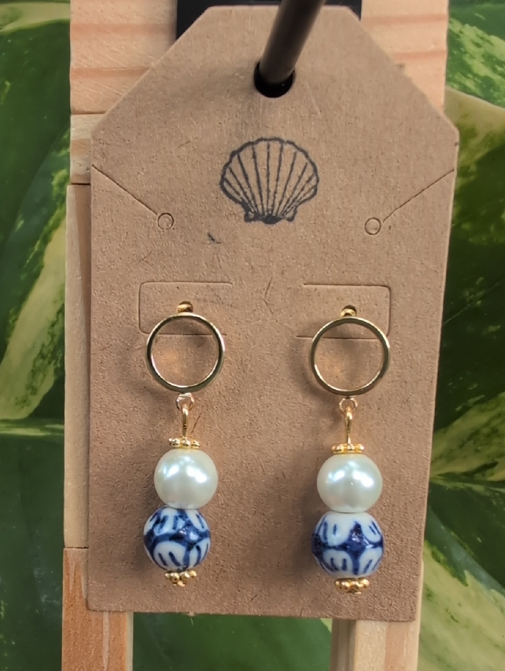 Gold Tone Earrings with Pearl and Blue Porcelain Beads